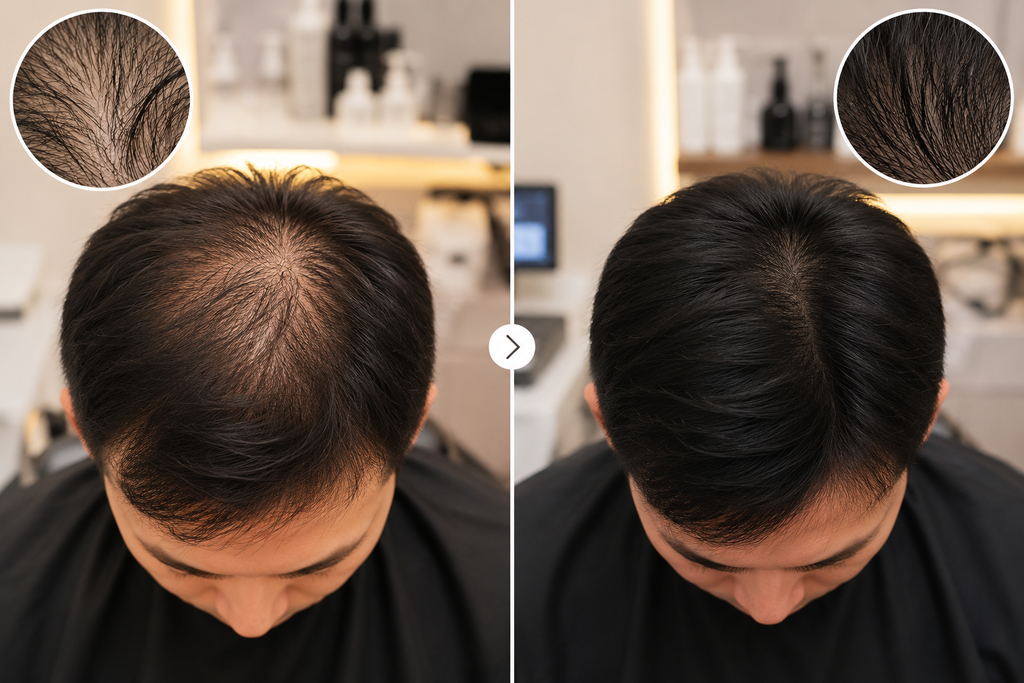 Before and after stem cell scalp treatment for hair growth