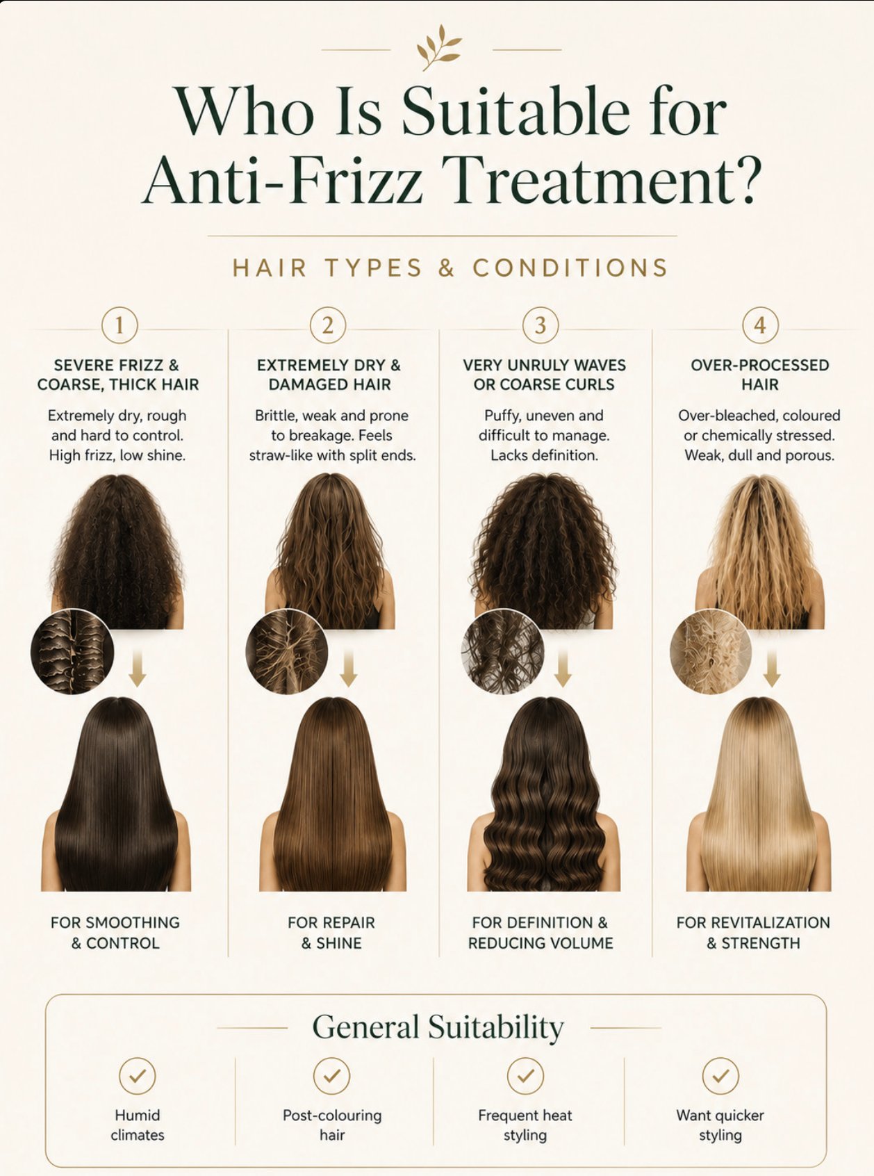 Anti-frizz treatment suitability infographic